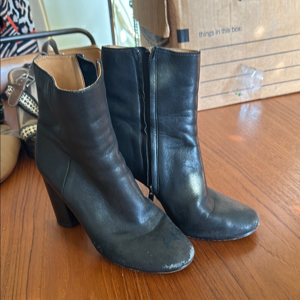 Joie Black Leather Heeled Boots with Rounded Toe